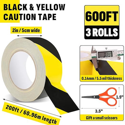 3 Roll Black & Yellow Caution Tape, 2'' x 600 FT Total Length Safety Tape, Black & Yellow Floor Marking Tapes, High Adhesive Hazard Tapes for Floors, Walls, Staircase, Pipes, Equipment, Dangerous Area