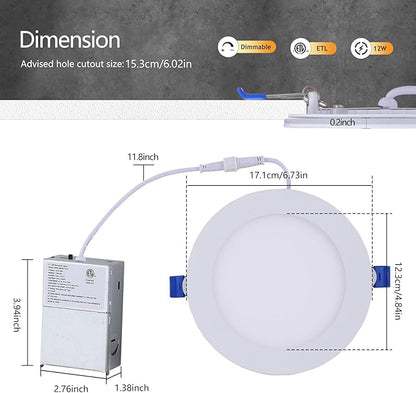 CycevSun 12 Pack 6 Inch LED Recessed Lighting with Night Light - Canless Ultra Thin Wafer Downlight Soffit Pot, Dimmable & 5 Color Temperature Selectable, 12W, ETL & Energy Star