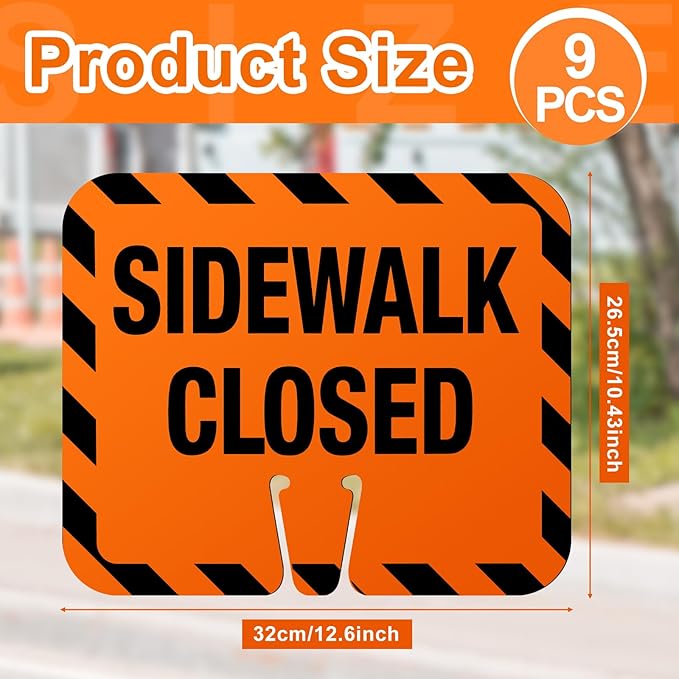 9 Pcs Plastic Sidewalk Closed Sign Bulk for Traffic Cones Top Road Warning Signs 10.4" Height x 12.6" Width x 0.05" Thickness for Outdoor Barricade Construction Caution