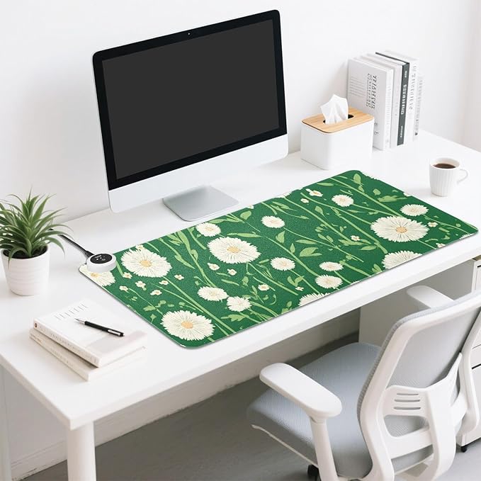 Heated Desk Pad Mouse Pad 31.5x13 Inch PU Leather Desk Mat with 3 Heat Levels Large Mouse Gaming Computer Laptop Mat Green Dandelion and Daisy