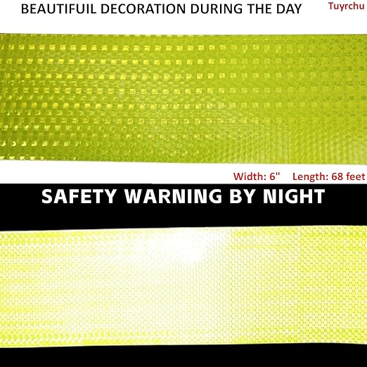 Fluorescent Yellow Reflective Tape Outdoor Waterproof 6 inch Wide, High Visibility Warning Safety Industrial Marking Tape (68 feet)