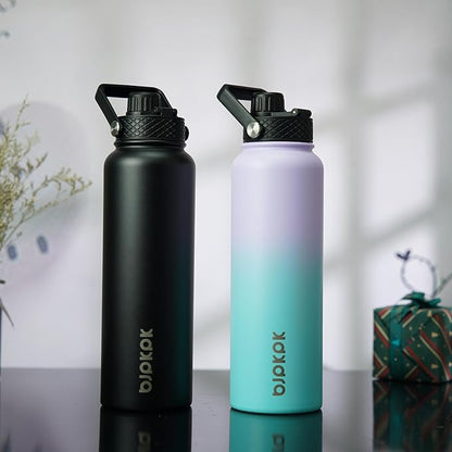 BJPKPK 2 Pack Insulated Water Bottles with Straw Lids, 40oz Stainless Steel Metal Water Bottle with 6 Lids, Leak Proof BPA Free Jugs, Cups, Flasks for Travel, Sports (Lavender Green+Black)