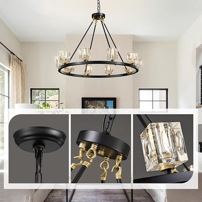 Black Wagon Wheel Chandelier,10-Lights Crystal Chandeleirs with Adjustable Height, Dining Room Light Fixture, Hanging Lights for Kitchen Island, Living Room, Bedroom, Entryway, G9 Base