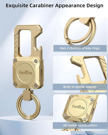 Keychain, Works with Apple Find My, Heavy Duty Keychain Bottle Opener, Carabiner Car Key Chains with GPS Tracker, Key Finder, Bluetooth Tracker for Luggage, Kids, Bags and More, Rechargeable, Gold
