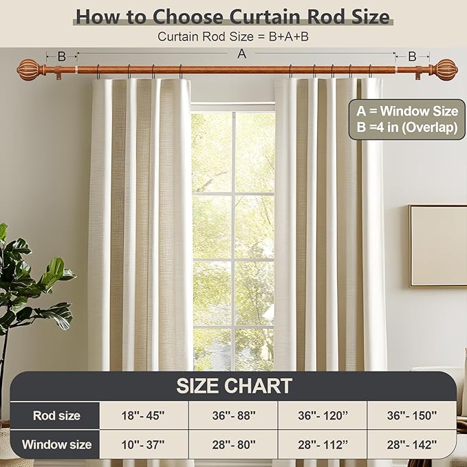 Reddish-Brown Wood Curtain Rods for Windows 72 to 144 Inch, 1'' Adjustable Heavy Duty Curtain Rod，Vintage Imitation Wood Decorative Drapery Rods with Pumpkin Finials for Bedroom Living Room