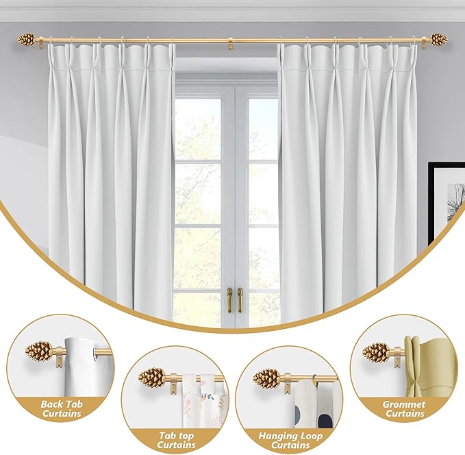 Gold Curtain Rods for Windows 66 to 120 Inches, 1 Inch Diameter Heavy Duty Single Curtain Rod, Adjustable Window Curtain Rod Drapery Rod with Decorative Finials