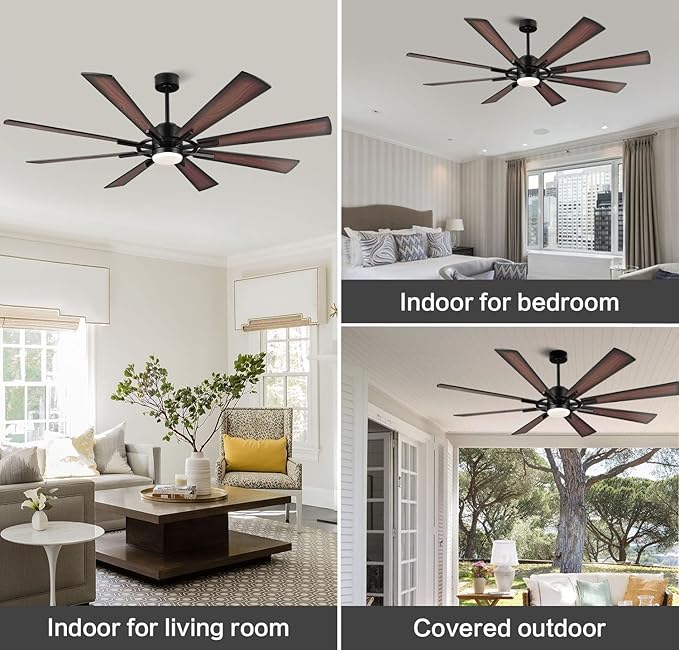 WINGBO 72" DC Ceiling Fan with Lights and 3 Downrods, Matte Black Ceiling Fan with Walnut/Walnut Shadowed Reversible Blades, 6-Speed DC Motor, Indoor Ceiling Fans for Kitchen Bedroom Living Room