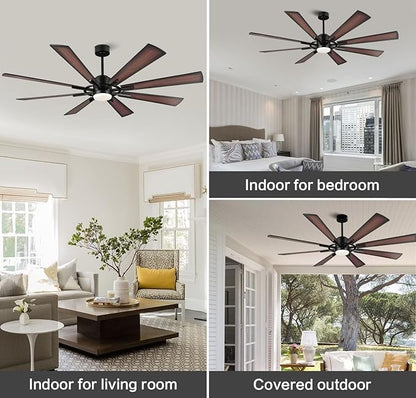 WINGBO 72" DC Ceiling Fan with Lights and 3 Downrods, Matte Black Ceiling Fan with Walnut/Walnut Shadowed Reversible Blades, 6-Speed DC Motor, Indoor Ceiling Fans for Kitchen Bedroom Living Room