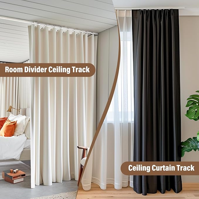 Ceiling Mount Curtains Track Room Divider Privacy Partition Separator Curtain Tracks Rods Heavy Duty RV Shower Outdoor Rail Clip Hook Set, White 3-18ft