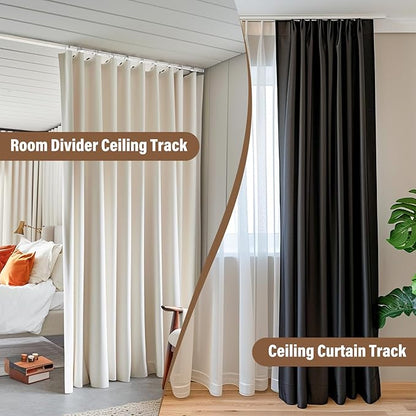 Ceiling Mount Curtains Track Room Divider Privacy Partition Separator Curtain Tracks Rods Heavy Duty RV Shower Outdoor Rail Clip Hook Set, White 3-18ft
