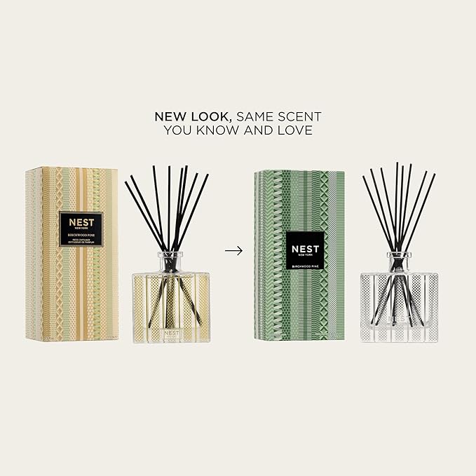 NEST New York Christmas Tree Reed Diffuser, Birchwood Pine - 5.9 fl oz - Fragrance for Up to 90 Days - Reusable, Refillable Glass Holder - Includes 8 All-Natural Reed Sticks - Flame Free