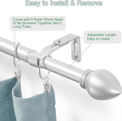Curtain Rods for Windows 16 to 136 inches, Curtain Rod Max Adjustable Length to 146 in, Drapery Rod 1 inch Diameter with Modern Knobs Finials (Satin Silver, 16" to 136" - Set of 2)
