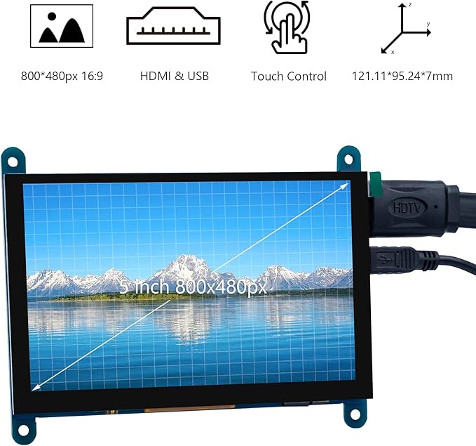 5 Inch IPS LCD Touch Screen Display Panel 800×480 Capacitive Screen HDMI Monitor for Raspberry Pi 5/4/3, BB Black, Windows 10 8 7