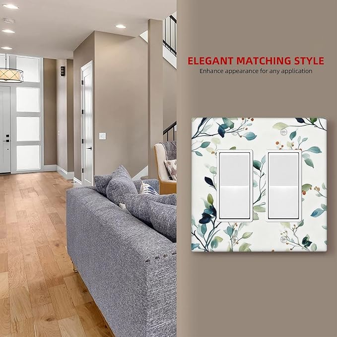 Decorative Outlet Covers Rustic Eucalyptus Leaf Geen Sage Leaves 2 Gang Light Switch Cover Plate Double Rocker Wall Plates for Electrical Outlets Switch Plate Covers for Bedroom Home Decor