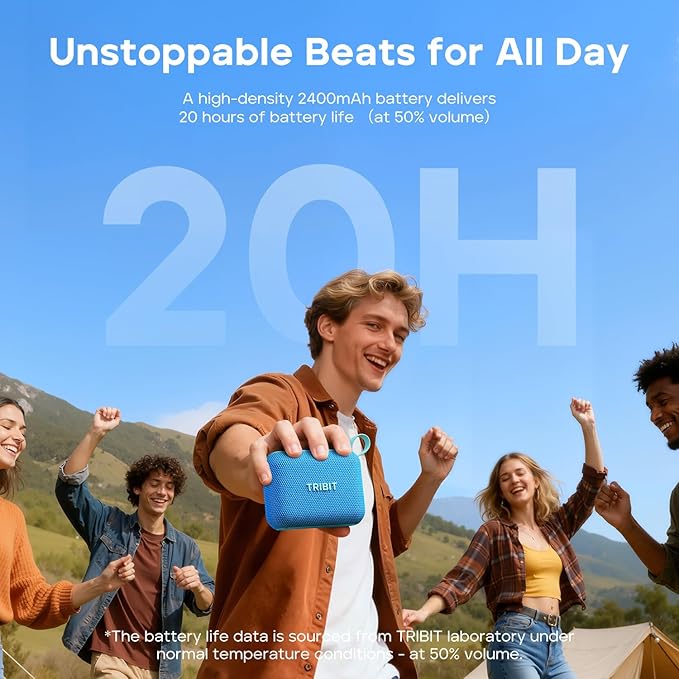 Tribit PocketGo Portable Bluetooth Speaker, 20H Playtime, IP68 Waterproof/Dustproof, Wireless, BT6.0, Shower, Powerful Sound, Custom EQ, TWS, Support TF Card, Floatable, Type-C, Travel/Outdoors (Blue)