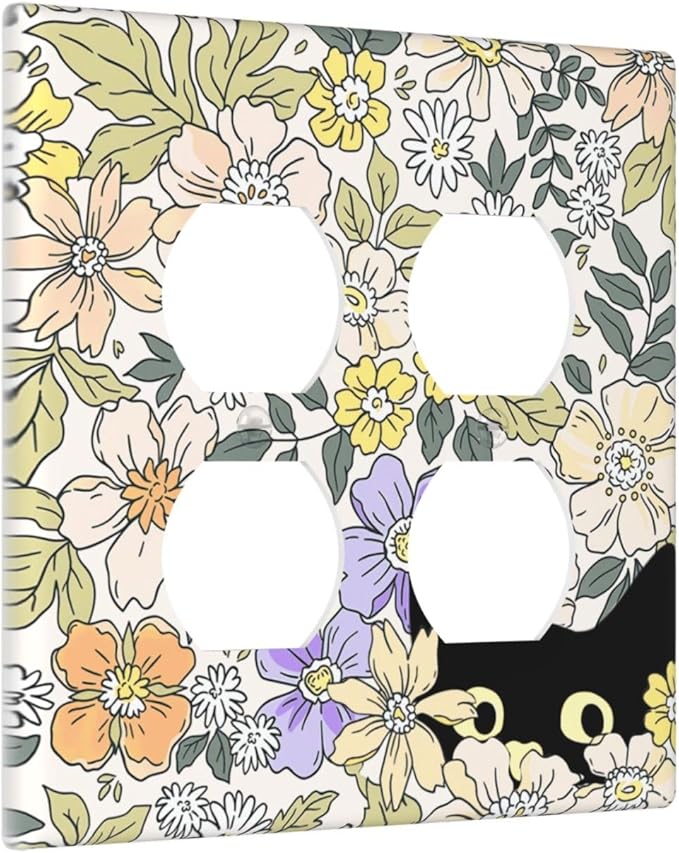 Decorative Outlet Covers Cute Black Cat in a Flower Patch Botanical Garden 2 Gang Wall Plate Double Duplex Receptacle Light Switch Covers Switch Plate Cover for Bedroom Home Decor