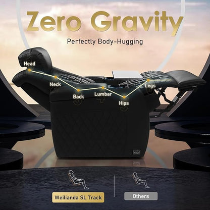Weilianda Home Theater Seating Top Grain Leather Zero Gravity Recliner Chair Power Headrest Recline Movie Seat Gaming 7 Colors Mood Light Sofa with Tray Table USB Charge Row of 3 Loveseat Left Black