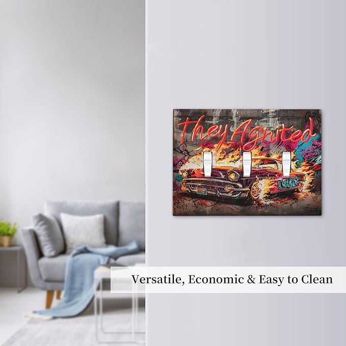 Decorative Switch Plates Hip Hop Street Graffiti Flame Car 3 Gang Wall Plate Triple Toggle Light Switch Cover Faceplate Electrical Wall Panels for Bedroom living Room Decor