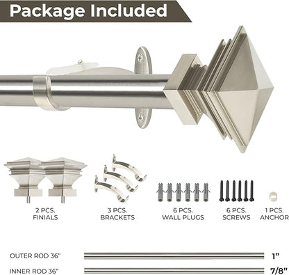 Deco Window 1 Inch Adjustable Satin Silver Curtain Rod for Windows & Doors Curtains with Square Finials & Brackets Set - 36" to 66"