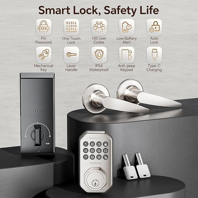 Keyless Entry Door Lock Set Smart Locks for Front Keypad Door Lock with Handle Low Battery Warning Automatic Lock One Time Password Anti Peeping Password IP54, Satin Nickel