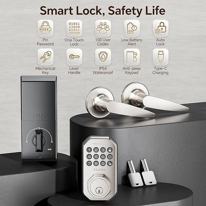 Keyless Entry Door Lock Set Smart Locks for Front Keypad Door Lock with Handle Low Battery Warning Automatic Lock One Time Password Anti Peeping Password IP54, Satin Nickel