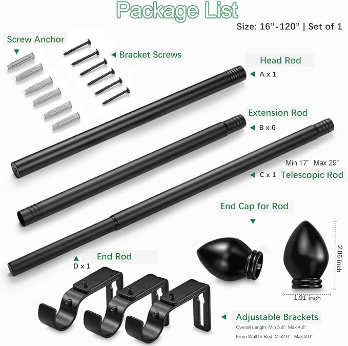 Curtain Rods for Windows 16 to 120 inches, Curtain Rod Max Adjustable Length to 132 in, Drapery Rod 1 inch Diameter with Modern Knobs Finials (Black, 16" to 120" - Set of 1)