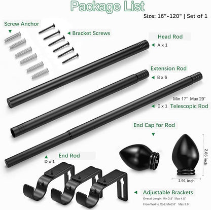 Curtain Rods for Windows 16 to 120 inches, Curtain Rod Max Adjustable Length to 132 in, Drapery Rod 1 inch Diameter with Modern Knobs Finials (Black, 16" to 120" - Set of 1)