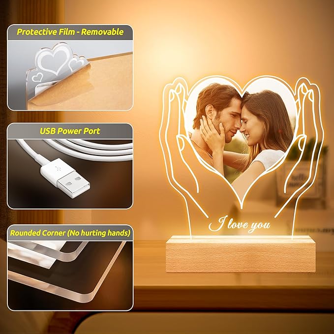 Personalized Picture Frame with Photo, Customized Photo Frame with Night Light, Custom Picture Frames, Personalized Anniversary Valentines Day Gifts for Women Men Her Him Girlfriend Boyfriend Couple