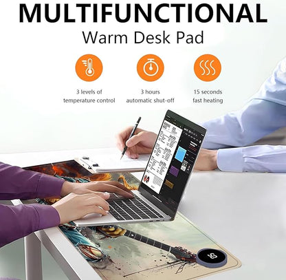 Heated Mouse Pad with 3 Levels Heated & 3 Hours Auto Shut-Off Mouse Pad for Warming Hands in Office Home, 23.6" x 14.2"Large Safe Desk Mat Hand Warmer，Cat Playing Guitar