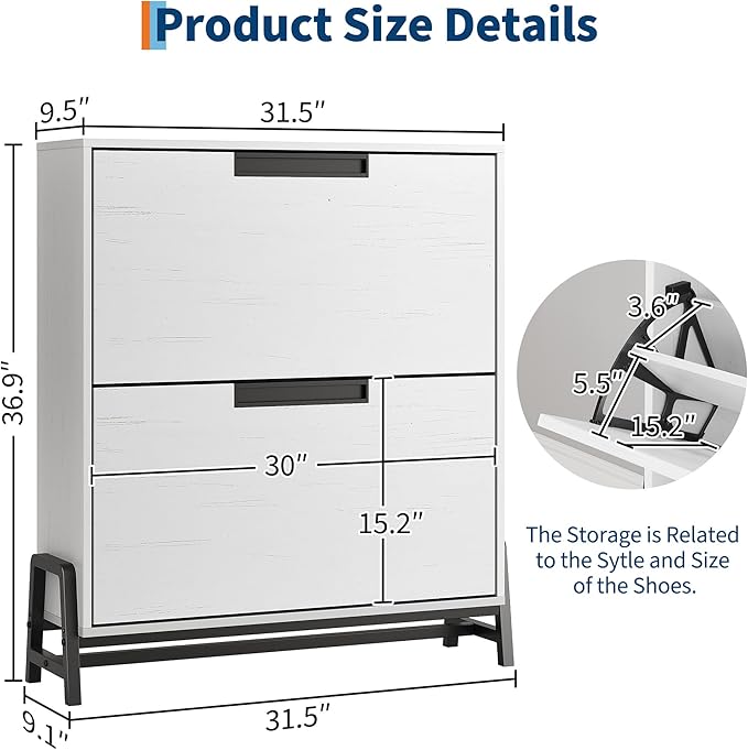 CABIHOME Shoe Storage Cabinet with 2 Flip Drawers, Freestanding Shoe Organizer with Metal Legs, Adjustable Shelf Narrow Shoe Rack Cabinet for Entryway, Hallway, Living Room, White