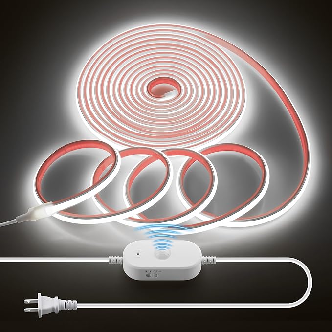 Waterproof Motion Sensor COB LED Light Strip 20FT Cold White 6000K AC 110V 288LEDs/M Super Bright Time-Delay Adjustable Flexible Plug In Motion Activated Led Strip Light for Cabinet Under Bedroom