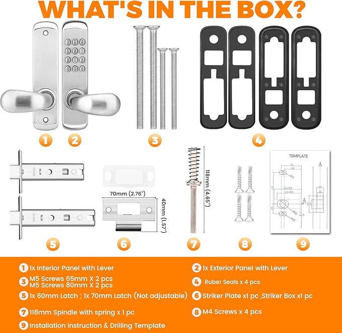 Stainless Steel Mechanical Keypad Entry Door Handle Lock,Commercial Keyless Push Button Code Door Lever,Single-Sided Combination &Interior Non-Locking,Exterior Auto-Lock,for Outdoor,Silver