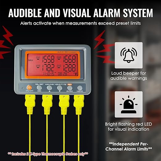Digital 4 Channel K Type Thermocouple Thermometer Recorder with 8G SD Card Programmable Temperature Data Logger with Alarm Function Thermocouple Reader K Type Thermometer with 2 Thermocouples Probe