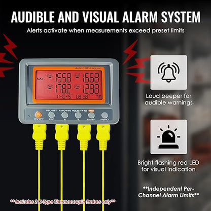 Digital 4 Channel K Type Thermocouple Thermometer Recorder with 8G SD Card Programmable Temperature Data Logger with Alarm Function Thermocouple Reader K Type Thermometer with 2 Thermocouples Probe