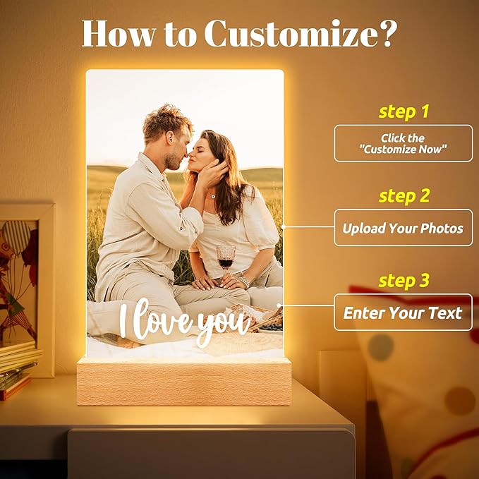 Personalized Picture Frame, Custom Photo Frame with Night Light, Custom Picture Frames, Personalized Anniversary Birthday Valentines Day Gifts for Women Men Her Him Girlfriend Boyfriend Couple