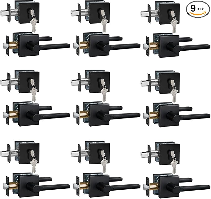 9 Sets Passage Door Lever and Single Cylinder Deadbolt Lock Set, Heavy Duty Square Handle for Entrance and Front Door, Matte Black, Different Keys