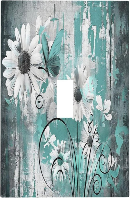 Decorative Light Switch Cover Teal Daisy Floral Vintage Wood Plank 1 Gang Single Toggle Device Electrical Faceplate Switchplates Decorator Outlet Wall Plate For Farmhouse Cabin Decor
