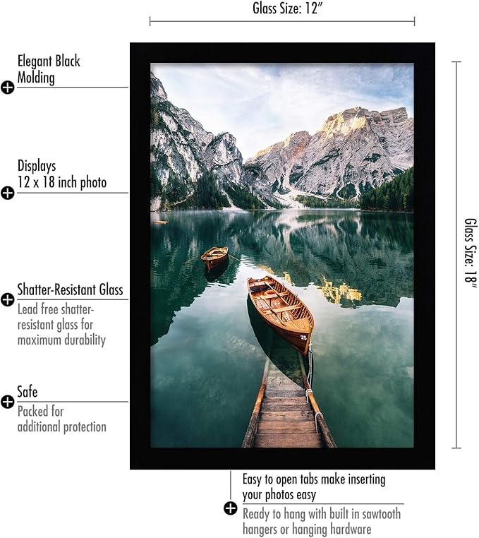 Americanflat 12x18 Poster Frame with Shatter-Resistant Glass - Signature Collection - Gallery-Style Frames Made of Engineered Wood - Photo Frame for Wall Display - Black