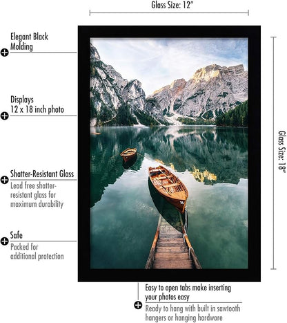 Americanflat 12x18 Poster Frame with Shatter-Resistant Glass - Signature Collection - Gallery-Style Frames Made of Engineered Wood - Photo Frame for Wall Display - Black