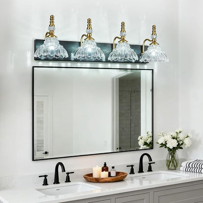 Vintage Bathroom Vanity Light, 4-Light Black Gold Vanity Lighting Fixture with Flower Glass Shade, Bathroom Lighting Fixtures Over Mirror