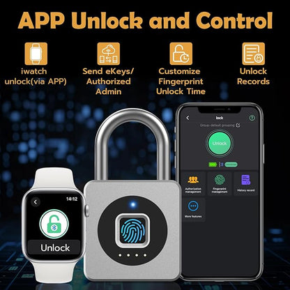 Pothunder Fingerprint Padlock, Fingerprint Lock with APP, Padlock with Steel Cable Keyless Biometric, Waterproof Suitable for Gym, Locker, Helmet, Gate, Fence, Luggage