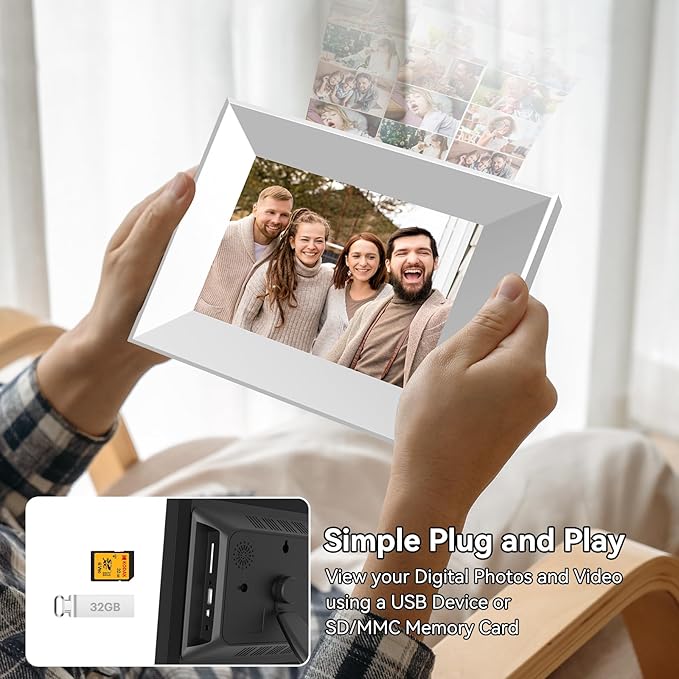 8-Inch Digital Picture Frame with WiFi, Wood Finish Frame Smart Photo Frame HD IPS Touch Screen with 16GB Storage – Easy Photo & Video Sharing from Anywhere – Ideal Gift for Family, White