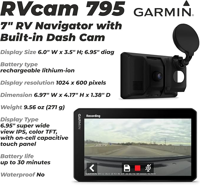 Wearable4U - Garmin RV Cam 795, Large, Easy-to-Read 7 GPS Navigator, Built-in Dash Cam, Automatic Incident Detection, Custom RV Routing with Power Pack Bundle