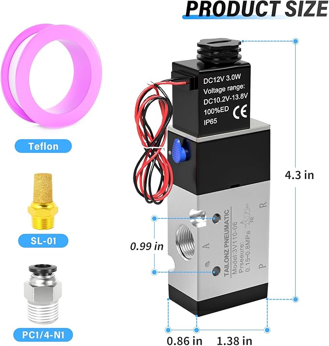 TAILONZ PNEUMATIC 1/8"NPT Solenoid Valve 3V110-06 DC12V Single Coil Pilot-Operated Electric 2 Position 3 Way Connection Type (Outlet wire)