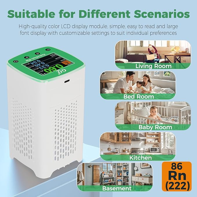 GQ RadonScan-Plus Radon Gas Digital Detector Worldwide Remote Monitoring Fast Accurate Detection Simple Color Display USA Design Real-time Data App Data Logging & Sharing