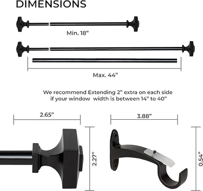 Deco Window Adjustable Curtain Rod for Windows 18 to 44 Inch Extendable Heavy Duty 3/4 Inch Iron Drapery Pole with Square Finials Wall Mounted French Door Curtain Rods (Pack of 1, Black)
