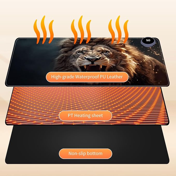 Small Heated Desk Pad 23.6" x 14.2" – Compact Electric Mouse Pad with 3 Heating Levels, Auto Shut-Off, Waterproof PU Surface, Plug-in Warmer for Office or Home Use, Roaring Lion