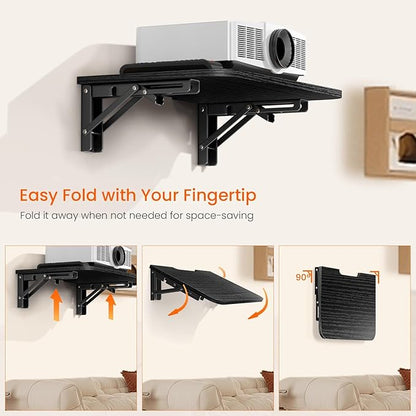 Homode Floating Entertainment Shelf, Folding Projector Shelf, Holds Up to 30lbs, Wooden Wall Mounted Shelves for DVD Players, Cable Boxes, Game Consoles, Living Room Decor Accessories, Black