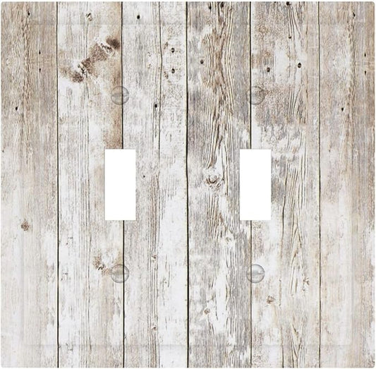 Vintage Light Wood Retro Rustic White Gray Oak Print Decorative Switch Plates 2 Gang Double Toggle Outlet Light Switch Cover Wall Plate Electrical Faceplate for Farmhouse Home Decor