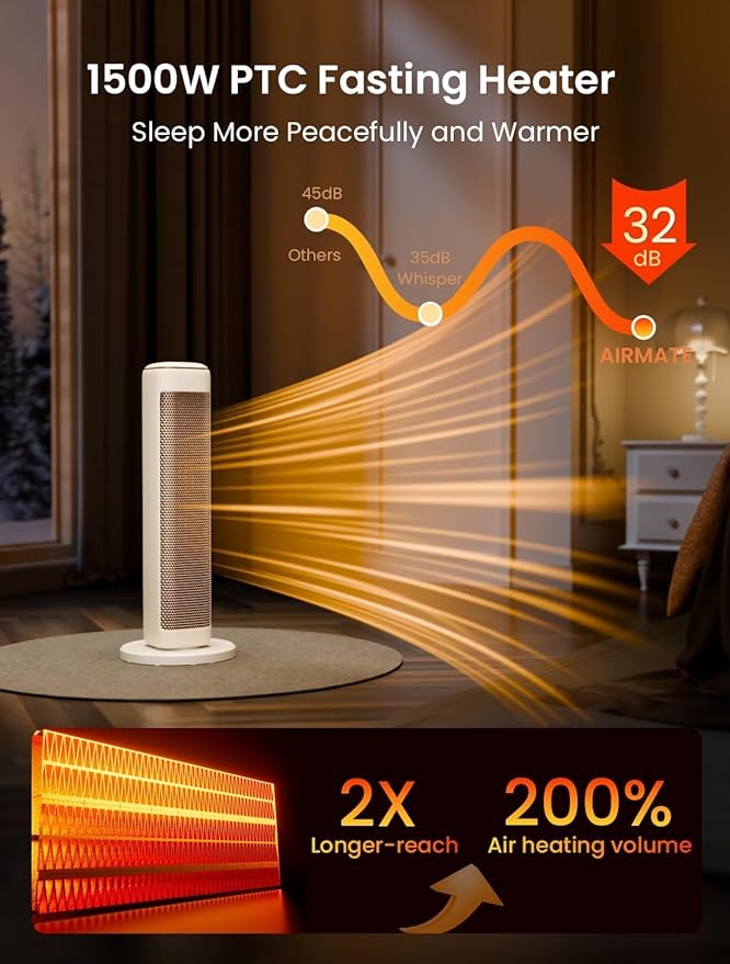 25" Space Heaters For Indoor Use Large Room, Electric Heaters For Indoor Use with Thermostat, Oscillating Room Heaters with Timer, Remote Control, Overheat Protection Tower Heater for Bedroom (Beige)